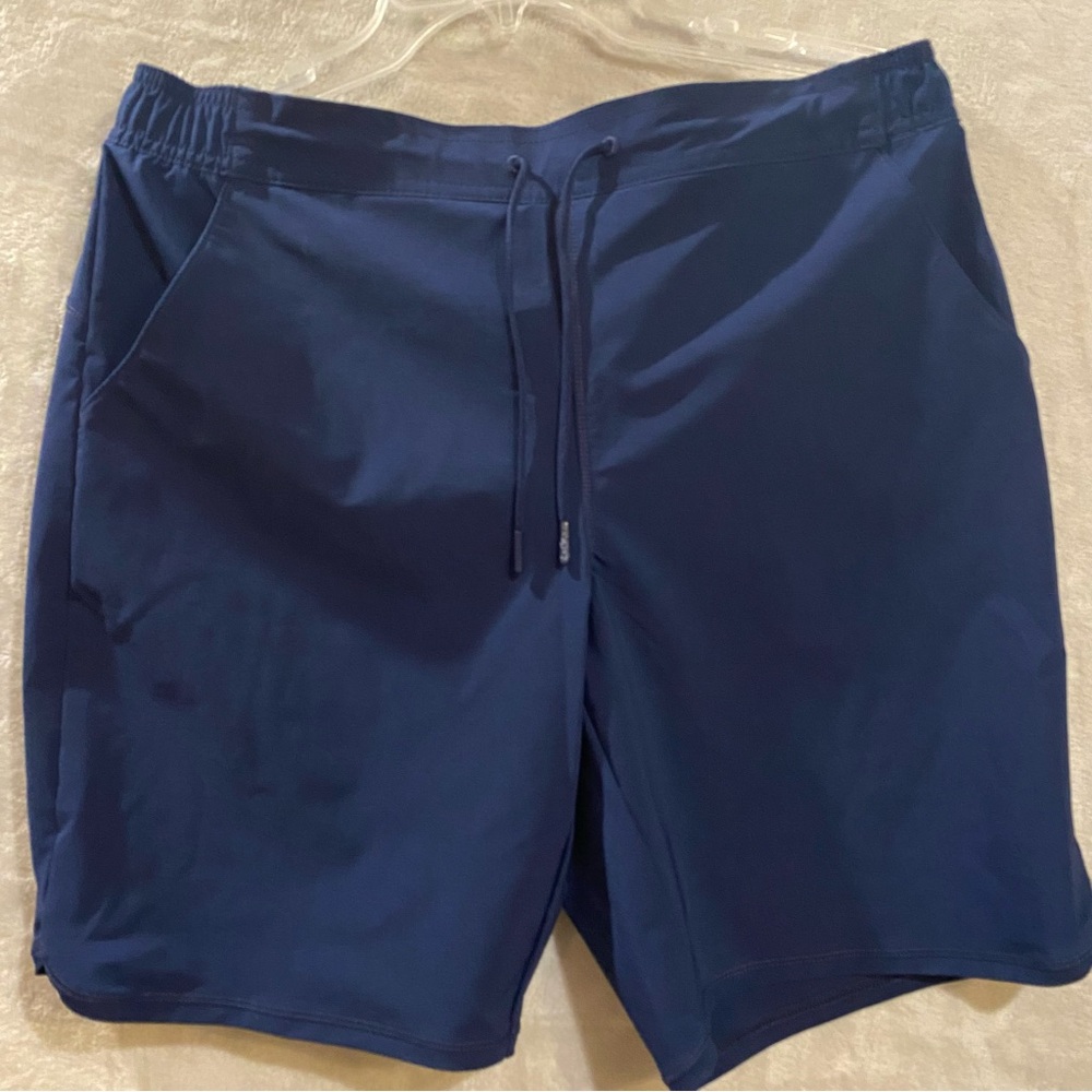 Lands’End Sport Shorts Women’s 12 Blue High Rise Pockets Elastic Back Drawstring